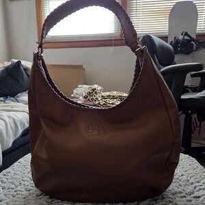 Tory Burch Dark Brown Braided-Handle Leather Hobo